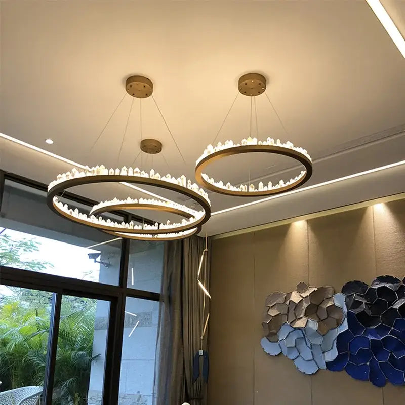 Modern black gold rings circular chandelier with embedded crystals for nordic luxury living room lighting