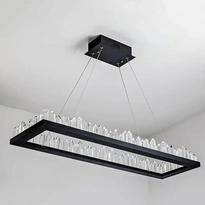 Black gold rings crystal chandelier with black rectangular frame and clear faceted crystals in modern geometric design