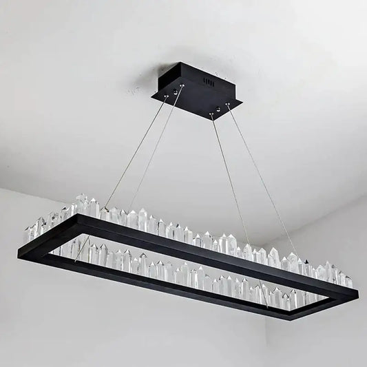 Black gold rings crystal chandelier with black rectangular frame and clear faceted crystals in modern geometric design