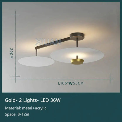 Gold-finished decorbites black gold round chandelier with two frosted acrylic shades and sleek metal arm with remote dimming
