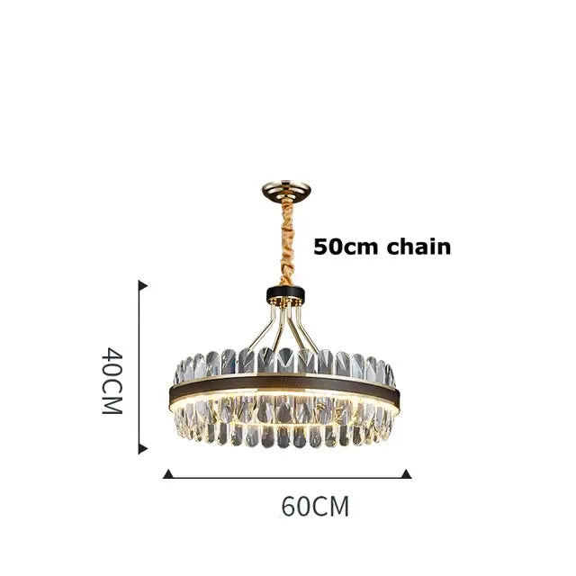 A DecorBites black gold round LED crystal chandelier with gold-toned frame and braided rope chain for living room