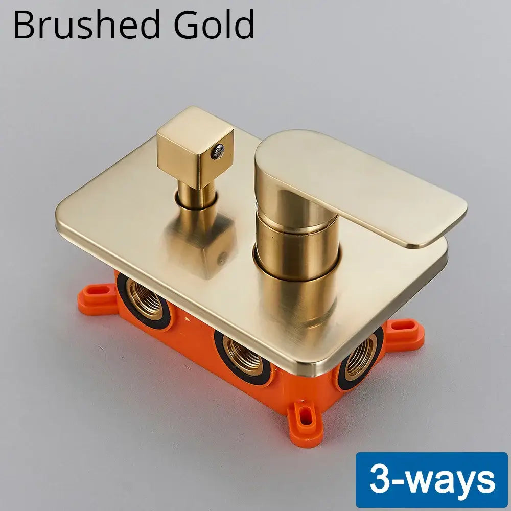 DecorBites black golden brass shower mixing valve with brushed gold three-way faucet and orange plastic mounting base