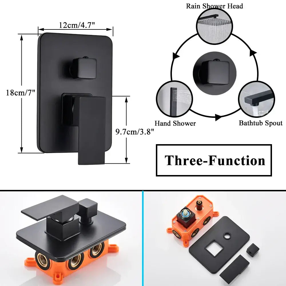 Decorbites black golden brass shower mixing valve with matte finish and integrated controls for rain hand and bathtub use