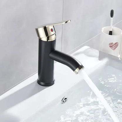 DecorBites black golden single handle basin faucet with black matte finish and chrome accents for bathroom deck mount vessel sink