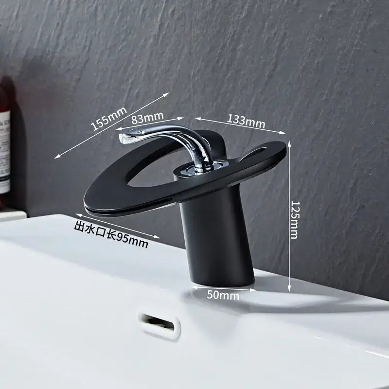 DecorBites black gray brass waterfall basin faucet with black matte finish and chrome accents for hot cold mixer tap