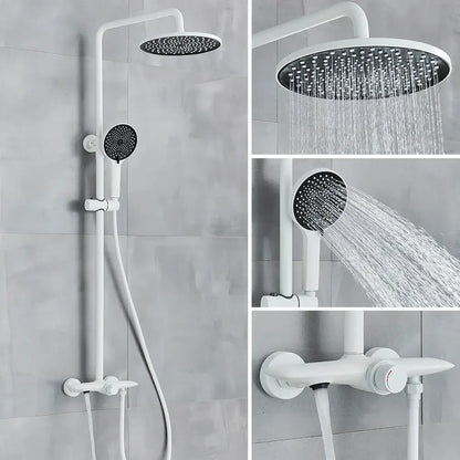 White modern shower system with round rainhead and handheld nozzle in decorbites black gray wall mounted set