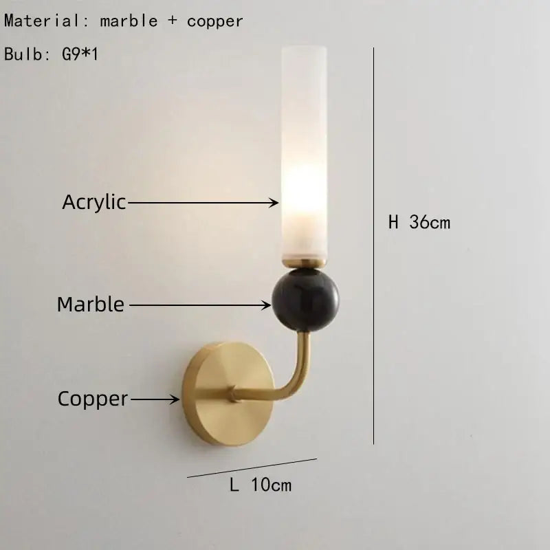 DecorBites™ wall lamp with brass copper base, black green marble sphere, and frosted copper acrylic lampshade