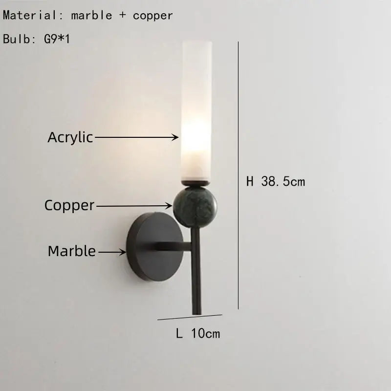 DecorBites black green marble wall lamp sconce with matte black base and copper acrylic lampshade with frosted glass