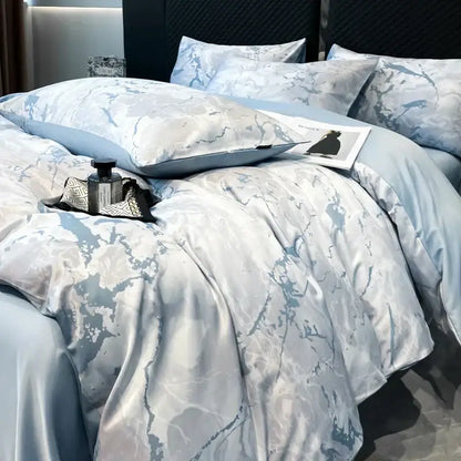 Decorbites™ light blue and white marble-patterned ice silk duvet cover set offering luxury cooling comfort and nordic style
