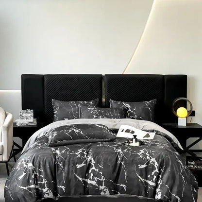 Decorbites™ black grey marble ice silk duvet cover set featuring a sleek modern black and white marble pattern cover set