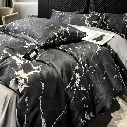 Decorbites black grey marble satin duvet cover set made of ice silk offering luxury cooling comfort and nordic style