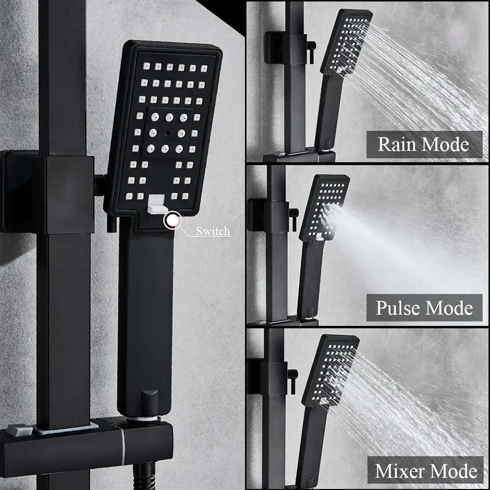 DecorBites black matte hand-held shower head with rectangular design and multiple spray settings for water saving and rainfall