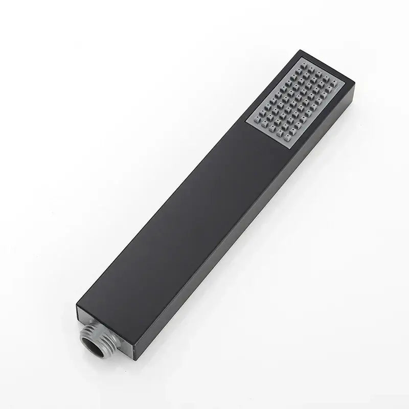 Black rectangular decorbites™ hand-held shower head with high pressure nozzles for water saving rainfall use