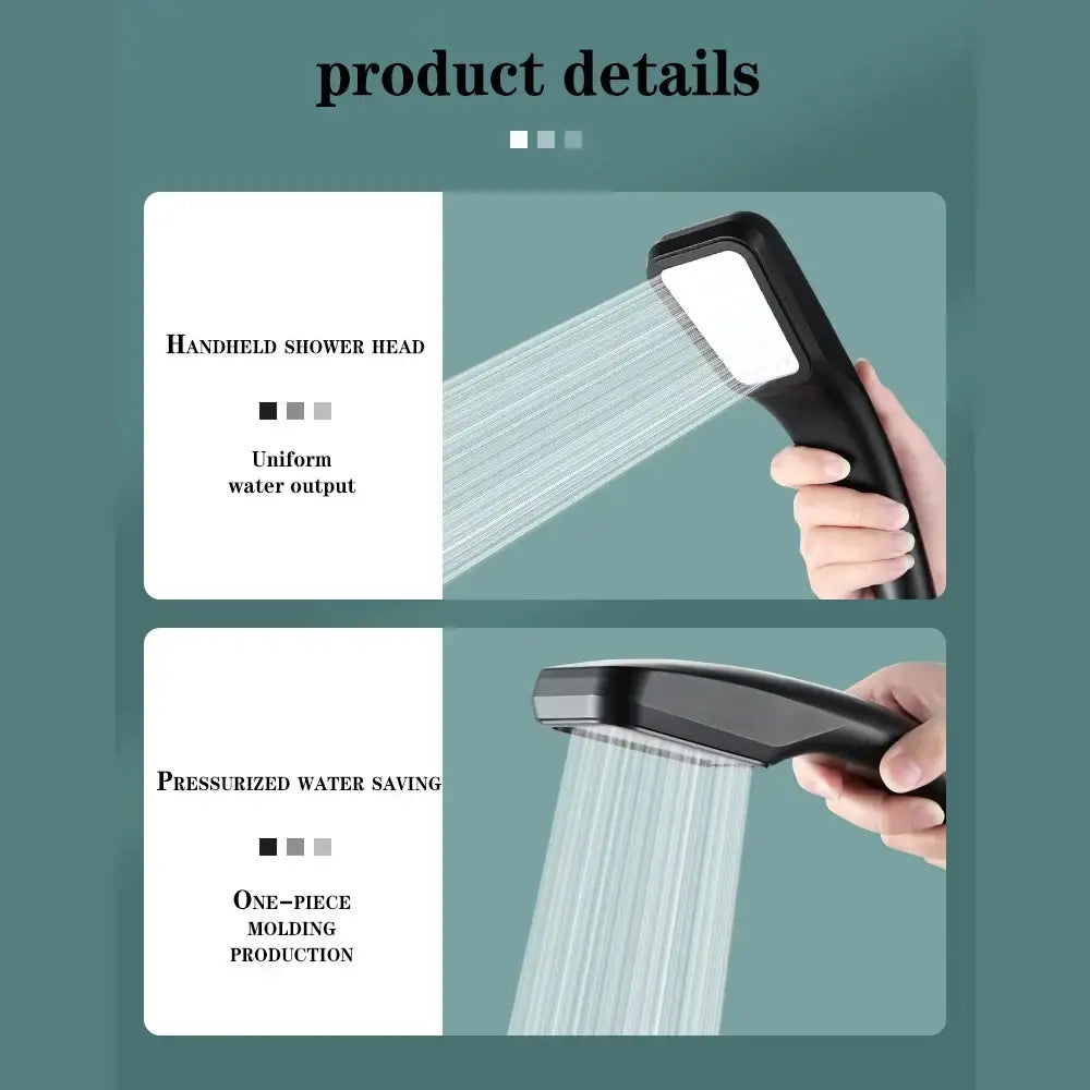 Black handheld shower head with sleek molded design featuring high pressure rainfall nozzle and bracket by DecorBites