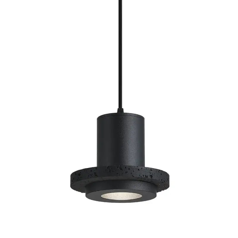 Decorbites black hole stone chandelier featuring black cylindrical pendant with textured concrete ring and circular led bulb