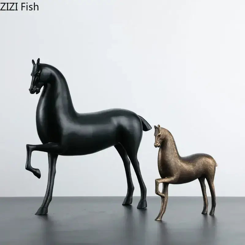 Decorbites black horse sculpture desk decoration in black and bronze resin with sleek stylized modern minimalist design