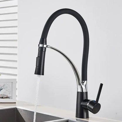 Decorbites black hose kitchen faucet with single handle pull down sprayer and flexible black and chrome gooseneck spout