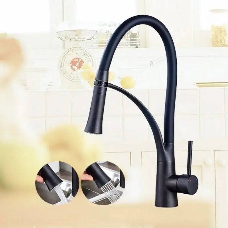 Decorbites™ black matte kitchen mixer tap with flexible gooseneck spout and pull-down spray head in chrome finish
