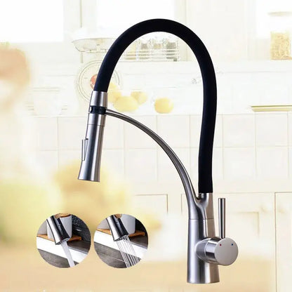 Modern stainless steel kitchen mixer tap with black flexible hose and pull-down spray head in chrome finish