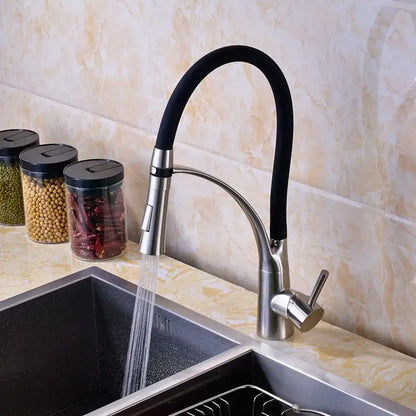 Modern black and stainless steel kitchen mixer tap with flexible hose and single handle chrome finish stream sprayer