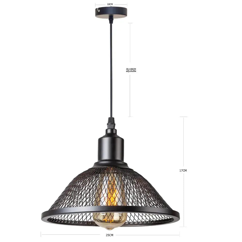 Decorbites black industrial pendant light with black metal mesh cage and exposed bulb for kitchen island or dining room
