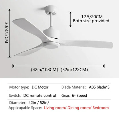 White ceiling fan with three abs blades and dc motor available in 42 and 52 inch diameters by decorbites black industrial