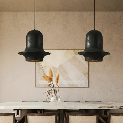 Two matte black bell-shaped pendant lights with rustic finish in decorbites black industrial chandelier for dining room