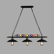 Black industrial metal linear island light with 3-light suspension lamp and colorful billiard balls on central bar