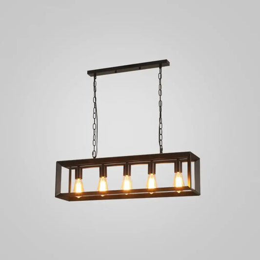 DecorBites black industrial rectangular island pendant with five exposed Edison bulbs in metal frame ceiling light fixture