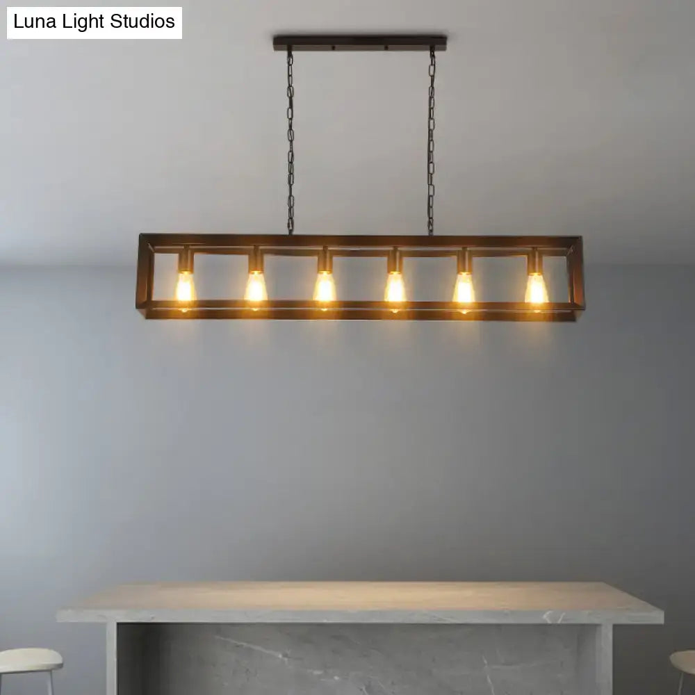 Decorbites black industrial rectangular island pendant with five exposed edison bulbs in dark bronze metal frame