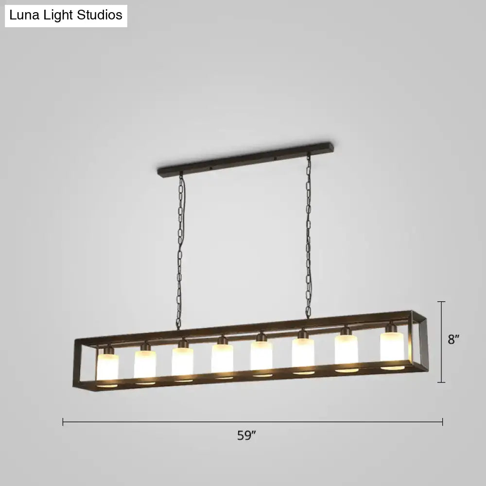 Decorbites black industrial rectangular island pendant with six warm glass bulbs in dark metal frame suspended by chains