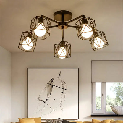 Industrial-style decorbites black iron cage chandelier with five geometric metal cages and exposed bulbs ceiling lamp