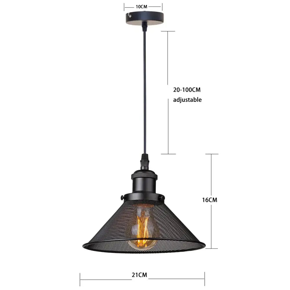 DecorBites black iron cage pendant light with mesh shade and exposed bulb for kitchen island or dining room