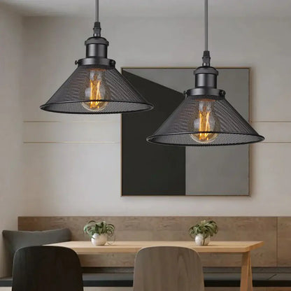 Decorbites black iron cage pendant light with mesh shades and exposed filament bulbs for kitchen island or dining room