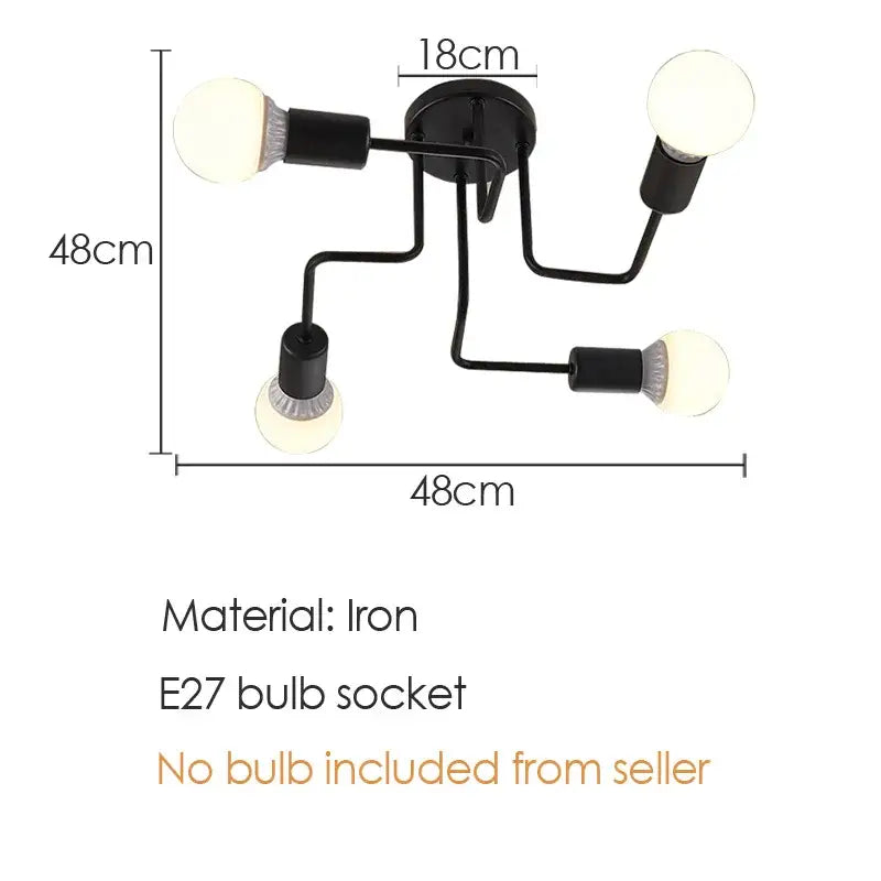 DecorBites black iron ceiling light fixture with four curved arms and spherical bulbs for living room and bedroom