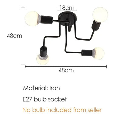 Decorbites black iron ceiling light fixture with four curved arms and spherical bulbs for living room and kitchen use