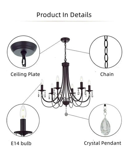 Decorbites black iron chandelier with crystal pendant featuring e14 bulbs for elegant home lighting decor