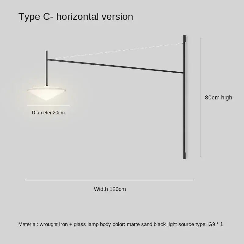 Matte sand black wrought iron and glass wall sconce with horizontal arm 80cm high 120cm wide decorbites black iron led long lamp
