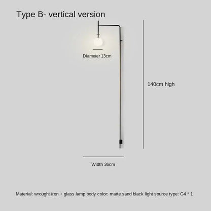 Matte sand black wrought iron led long wall lamp with glass globe 140cm high 36cm wide by decorbites black iron