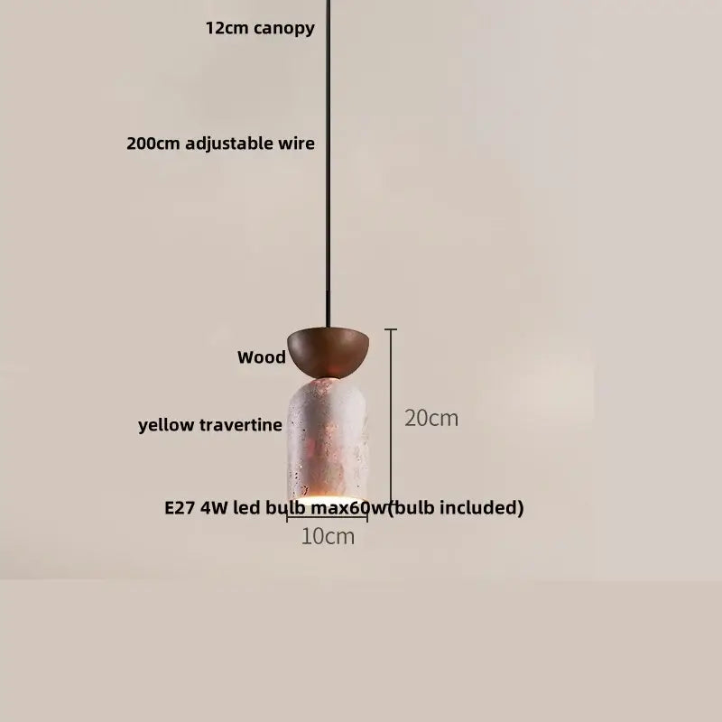 A decorbites black iron pendant light with a yellow travertine shade and wooden cap featuring a 200cm black iron led wire