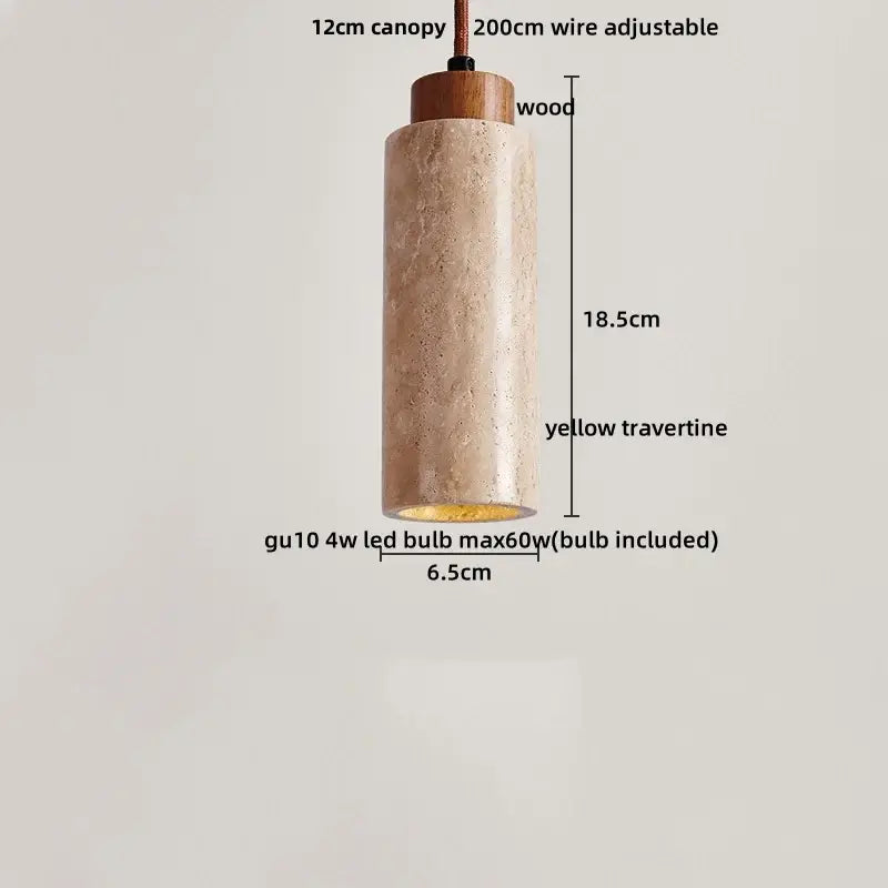 A cylindrical yellow travertine pendant light with wooden canopy and adjustable wire in decorbites black iron led style
