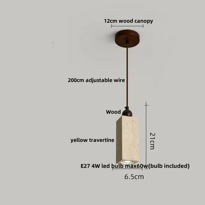 Minimalist decorbites black iron pendant light with 12cm wood canopy, adjustable wire, and yellow travertine body