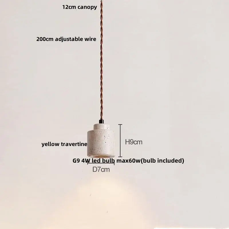 Minimalist decorbites black iron pendant light with off-white yellow travertine shade and twisted copper wire suspension