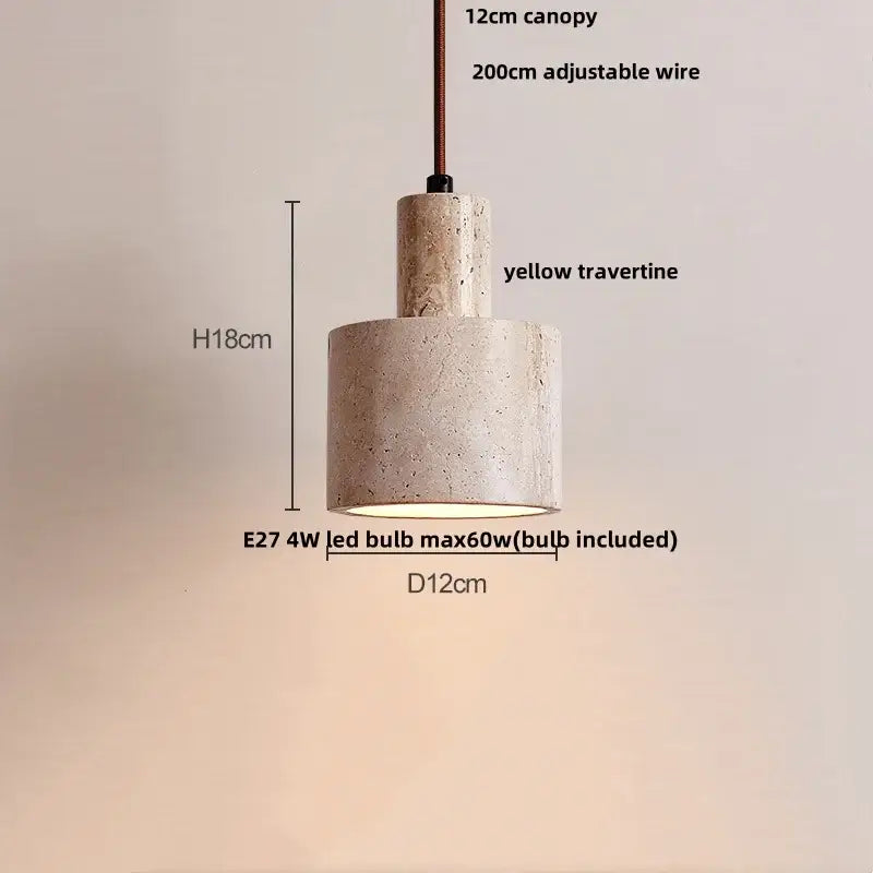 A modern pendant light by DecorBites black iron with cylindrical yellow travertine shade and adjustable wire suspension