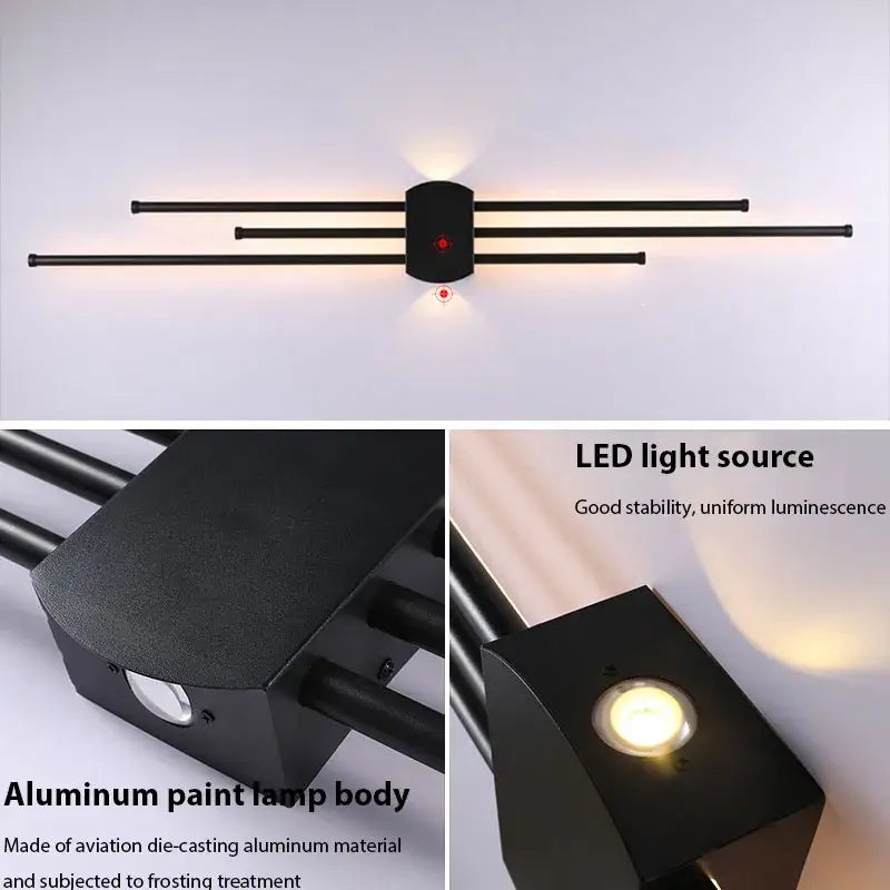 Decorbites black iron led wall lamp with sleek minimalist design and four horizontal bars for living room use