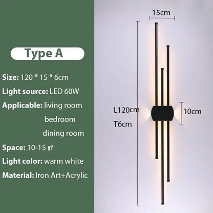 Modern black iron led wall lamp by decorbites with three vertical rods and acrylic for living room bedside use
