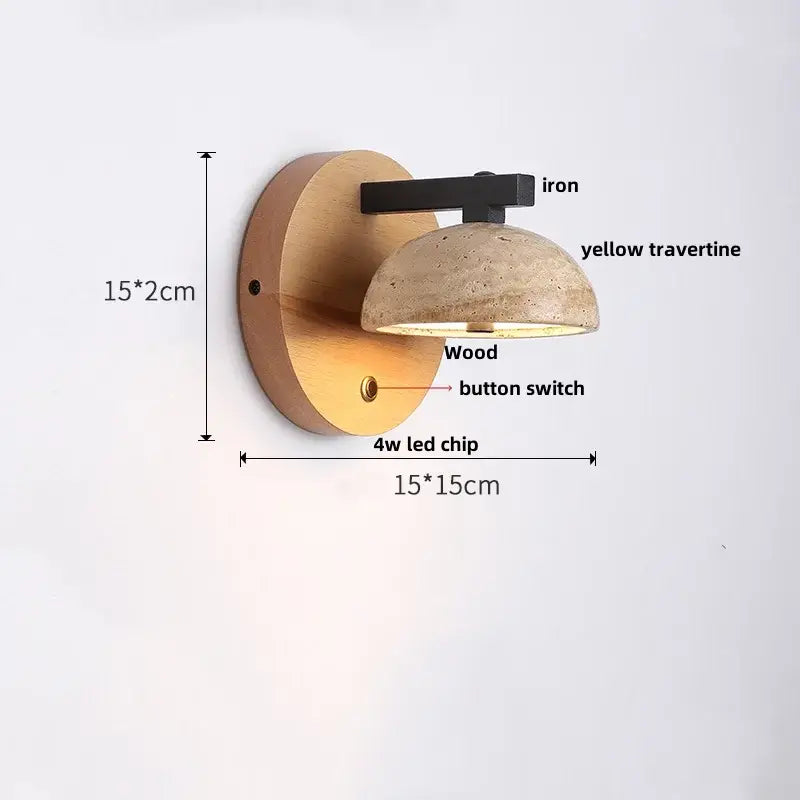 DecorBites™ black iron led wall lamp with warm yellow travertine dome and wooden backplate for bedside lighting