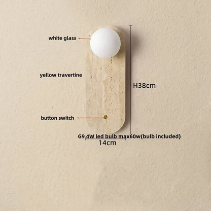 DecorBites black iron led wall lamp with white glass globe and yellow travertine base featuring button switch