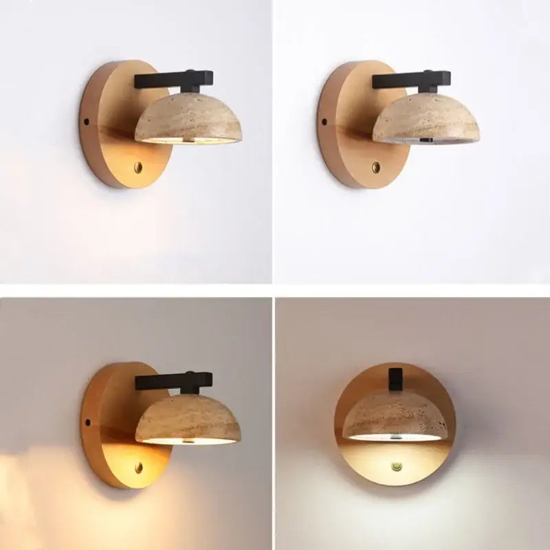 Decorbites™ black iron led wall lamp with natural wood base and stone shade for bedside lighting in nordic style