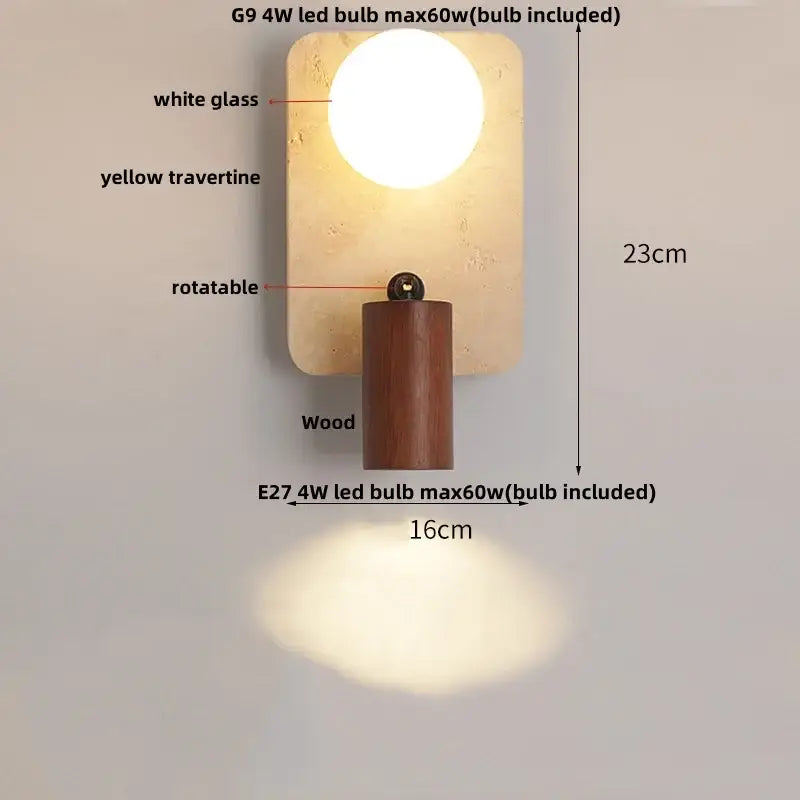 DecorBites™ black iron led wall lamp with yellow travertine backplate, wooden base, rotatable, includes two led bulbs